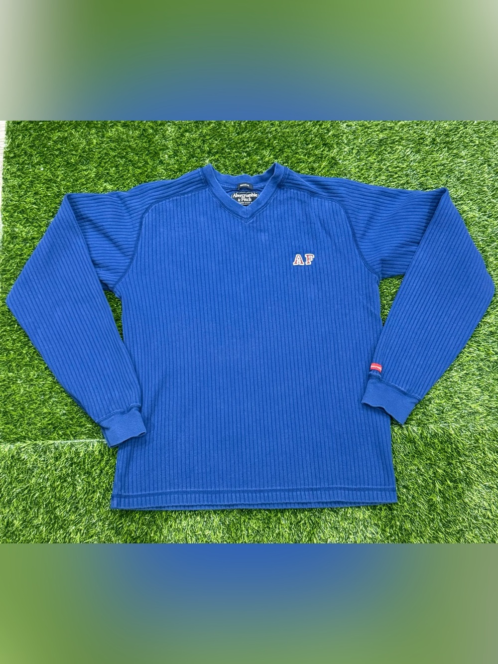 Vintage Abercrombie & Fitch Muscle Fit Ribbed V-Neck Sweater Blue Men's